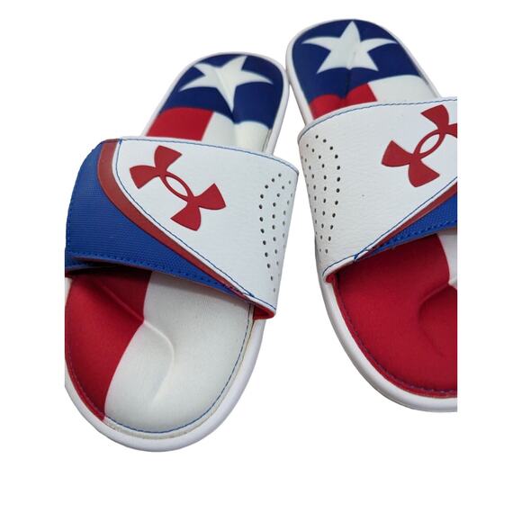 Under Armour Texas Flag Slides Sandals Men 7 Ignite White Red Blue Shoes New - Picture 2 of 15